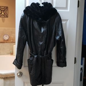 Women's leather hooded coat with belt